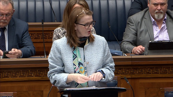 Finance Minister Caoimhe Archibald speaking in the Assembly Chamber