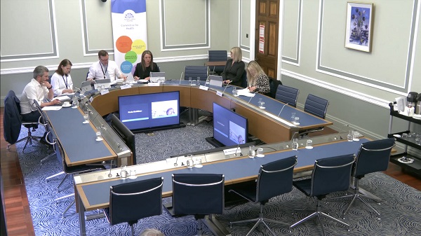 Members of the Health Committee sitting in a committee room in Parliament Buildings