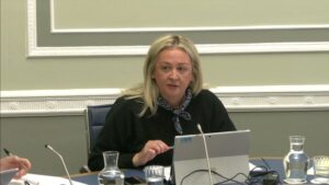 Deputy Committee Chair Sinead Ennis sitting in a committee room in Parliament Buildings