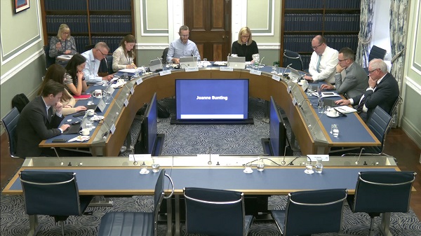 Members of the Windsor Framework Democratic Scrutiny Committee sitting in a committee room in Parliament Buildings