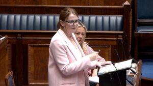Finance Minister Caoimhe Archibald speaking in the Assembly Chamber