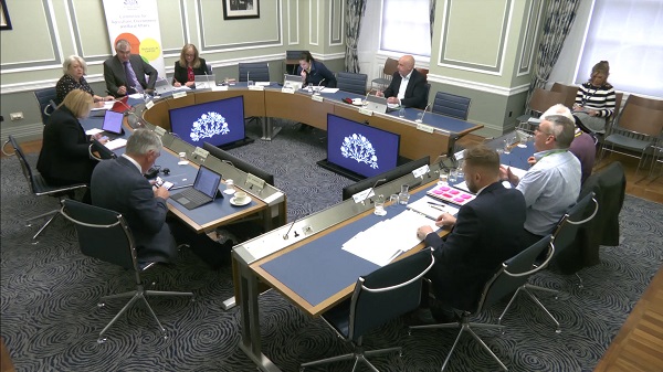 Members of the Committee for Agriculture, Environment and Rural Affairs sitting in a committee room in Parliament Buildings. They are receiving oral evidence.