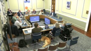 The Committee for Infrastructure sitting in a committee room at Parliament Buildings. They are receiving evidence from Inclusive Mobility and Transport Advisory Committee