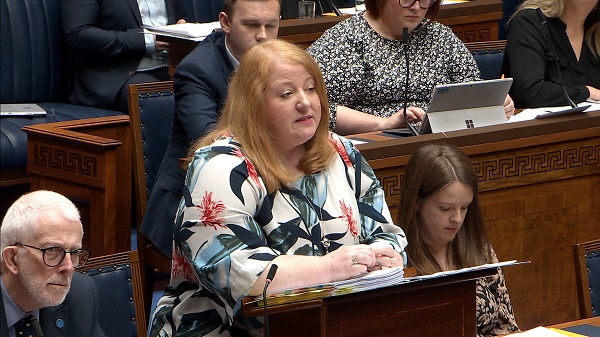 Minister of Justice, Naomi Long, answers Members questions during Question Time in the Assembly Chamber.