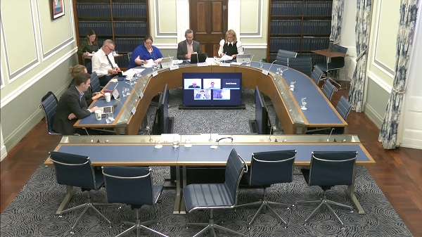 Members of the Committee sitting in a committee room in Parliament Buildings.