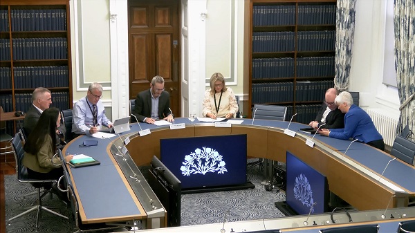 Members of the Democratic Scrutiny Committee sitting in a committee room in Parliament Buildings.