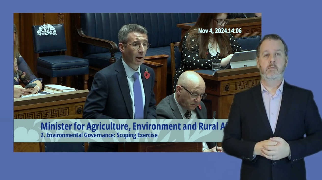 Screenshot of Question Time with the Minister for Agriculture, Environment and Rural Affairs in the Assembly Chamber, Parliament Buildings.