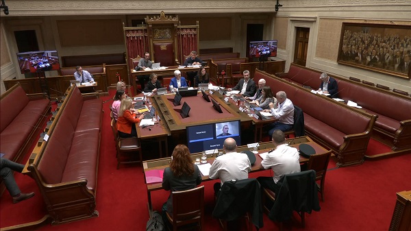 The Concurrent Committee of the Committee for Justice and the Committee for Health sitting around a table in the Senate Chamber in Parliament Buildings. They are receiving oral evidence from PSNI.