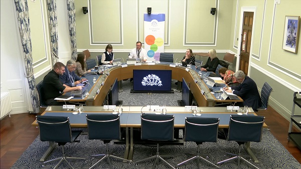 Members of the Committee sitting in a committee room in Parliament Buildings.