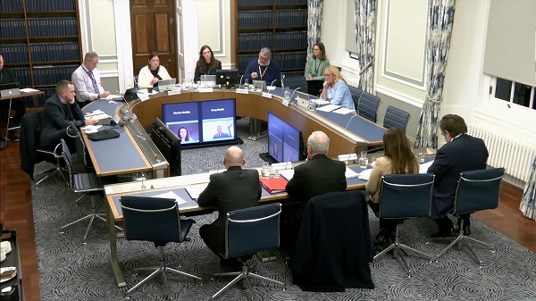 Members of the Committee sitting in a committee room in Parliament Buildings. They are receiving oral evidence