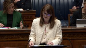Minister for Finance, Caoimhe Archibald, answers members questions during Question Time in the Assembly Chamber on Tuesday 28 January 2025.