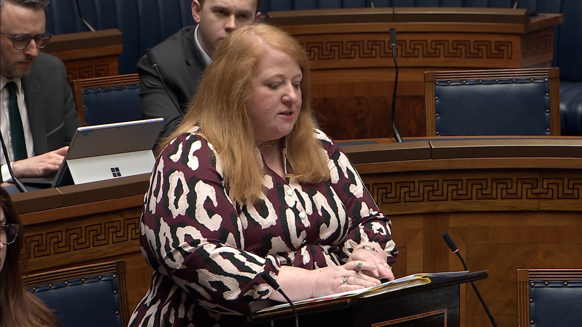 Minister for Justice, Naomi Long, answers an urgent oral question in the Assembly Chamber.