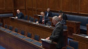 Minister of Health, Mike Nesbitt, answering Members questions during Question Time in the Assembly Chamber on Tuesday 18 February 2025.