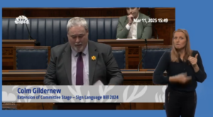 Communities Committee Chairperson Colm Gildernew proposes the extension of the Committee Stage of the Sign Language Bill (with a BSL interpreter in the foreground).