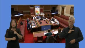 Overhead shot of the Senate Chamber, Parliament Buildings, during an evidence session from the National Deaf Children’s Society to the Committee for Communities. BSL and ISL interpreters are visible in the foreground.